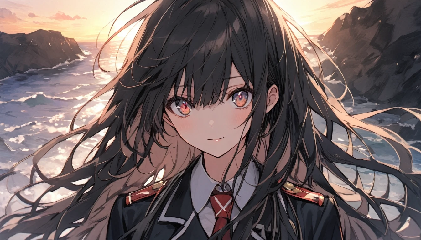 One girl, bangs, Long Hair, Messy Hair, Slope_eye, Diamond-shaped pupils, 赤いeye、sunset、Upper Body、上eye遣い、uniform