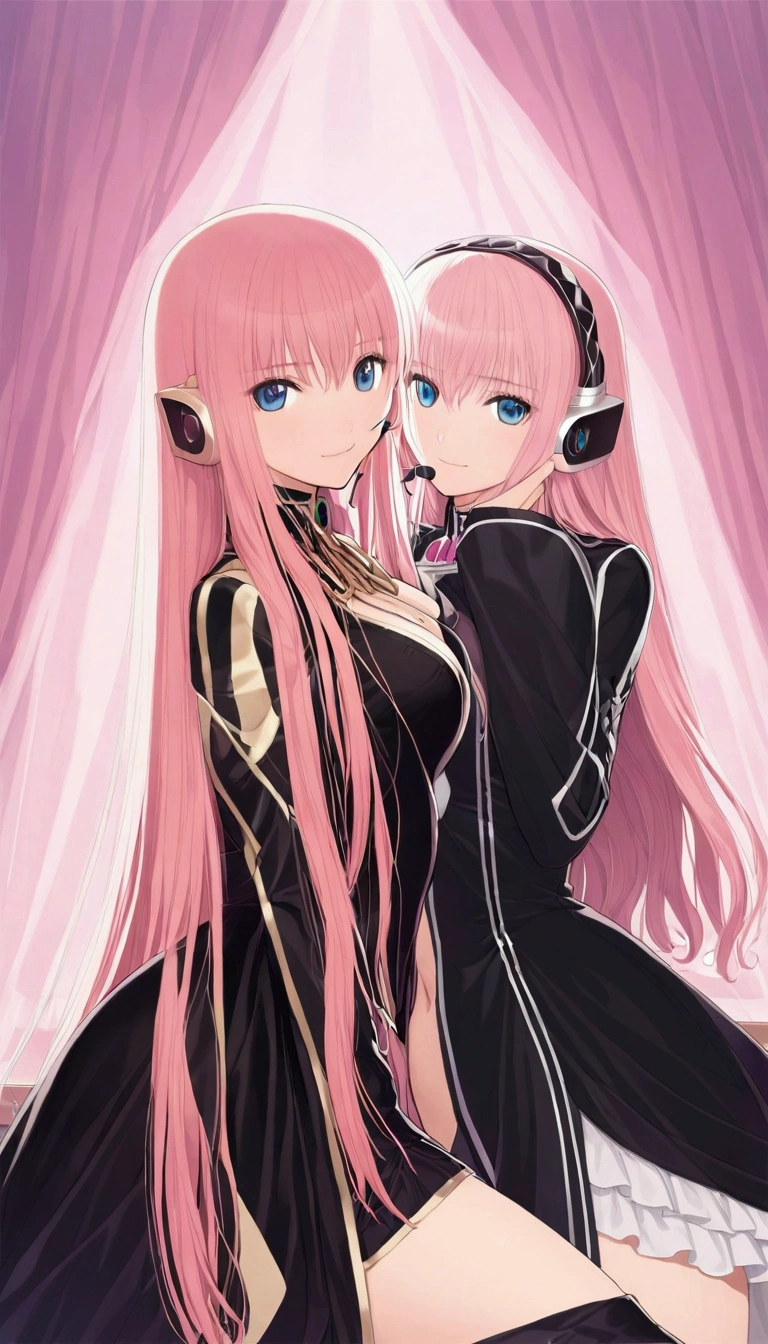 masterpiece,Detailed and beautiful depiction 1.1,Official Art,Beautiful adult woman ,Megurine Luka's official costume,headphone,Black costume,Pink long hair,blue eyes,smile,Bedroom
