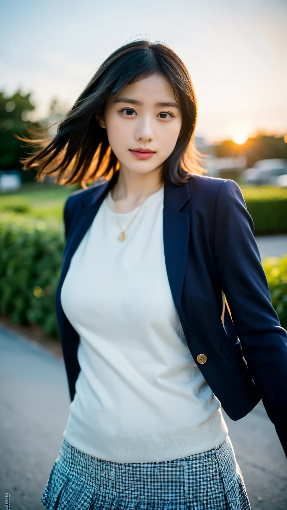 RAW photo, 1 girl, incredibly absurd, 30 years old, beautiful girl, (cute), (short hair), photo shoot, realistic, Depth of the bounds written, High resolution, Super detailed, delicate, very detailed, highly detailed eyes and face, sharp pupils, Realistic Office Lady, sharp focus, LED lighting, Eye and face details, (velvet blazer), mini skirt, cowboy shot full body, (wind lift:1.6), cameltoe, lace underwear, stare, (Big breasts that are about to burst), Close-up, perfect body, Buck view, sunset