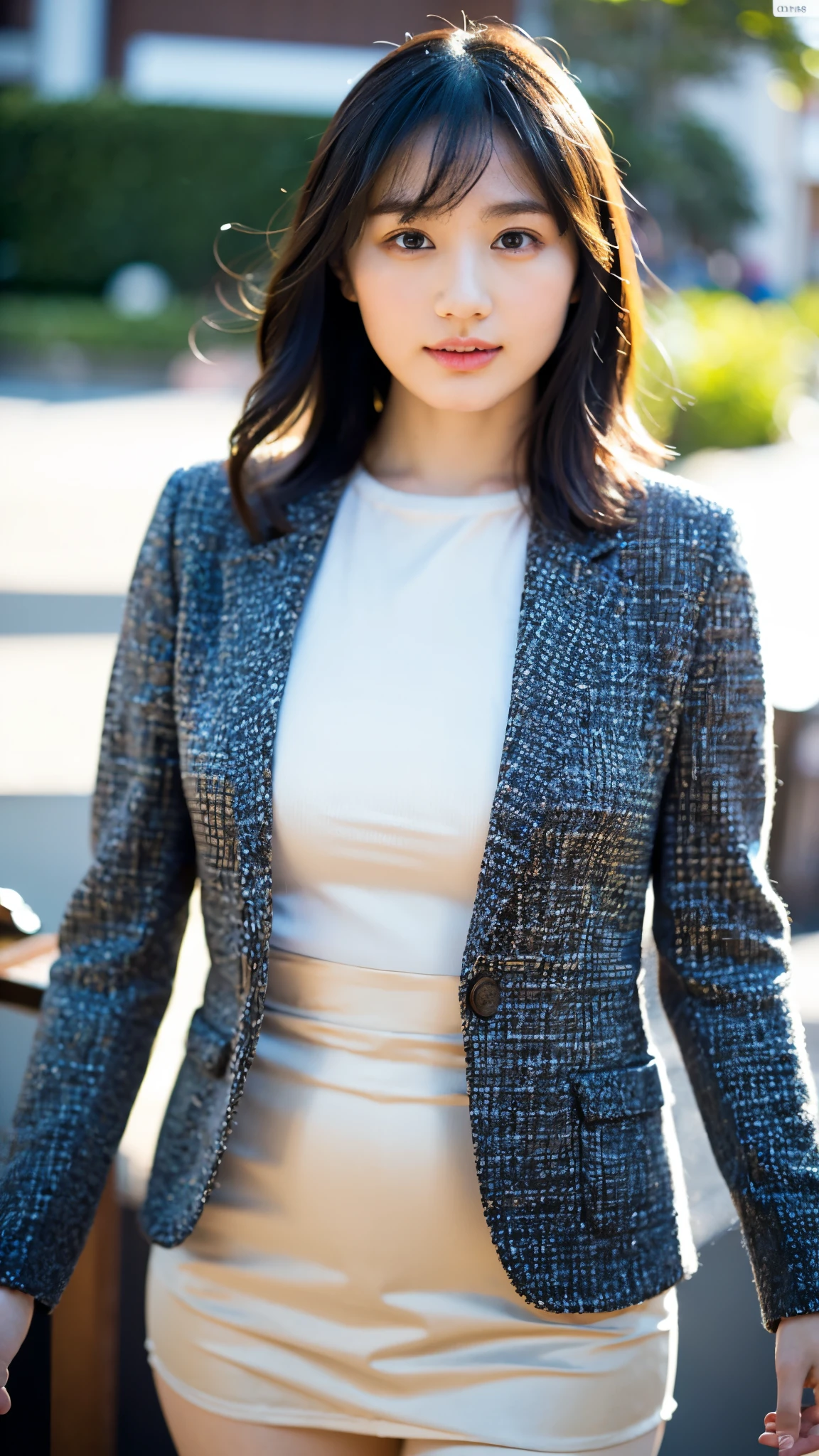 RAW photo, 1 girl, incredibly absurd, 30 years old, beautiful girl, (cute), (short hair), photo shoot, realistic, Depth of the bounds written, High resolution, Super detailed, delicate, very detailed, highly detailed eyes and face, sharp pupils, Realistic Office Lady, sharp focus, LED lighting, Eye and face details, (velvet blazer), mini skirt, cowboy shot full body, (wind lift:1.6), cameltoe, lace underwear, stare, (Big breasts that are about to burst), Close-up, perfect body, Buck view, sunset