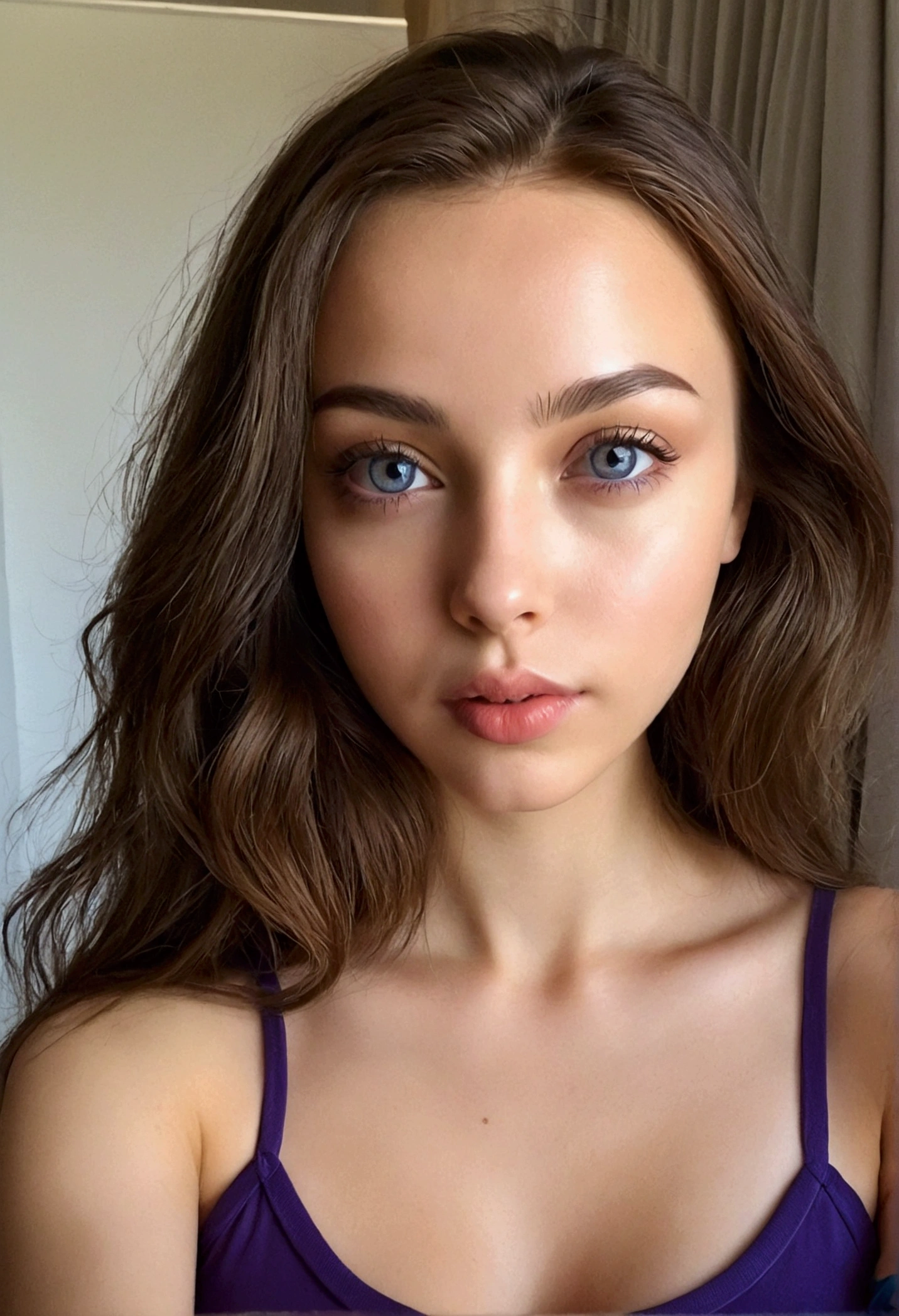 arafed femme pleinement , fille sexy aux yeux marrons, Ultra réaliste, minutieusement détaillé, portrait sophie mudd, cheveux bruns et grands yeux, selfie d'une jeune femme, yeux de la chambre, violette myers, sans maquillage, maquillage naturel, regarder directement la caméra, visage avec artgram, maquillage subtil, superbe photo de tout le corps à genoux sur le lit, dans la chambre, buste de taille moyenne à grande