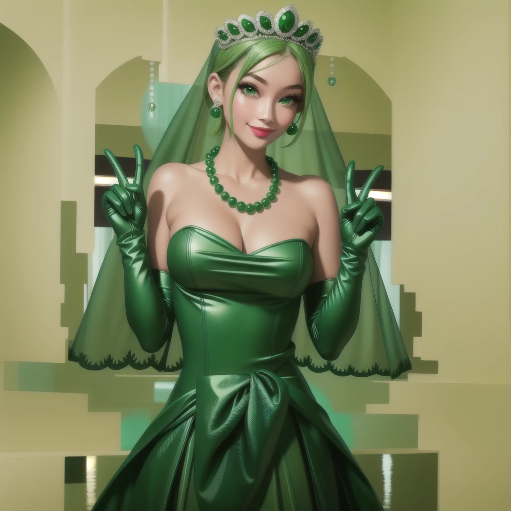 Emerald tiara, Green Pearl Necklace, ボーイッシュな非常に短いGreen Hair, Green Lips, Smiling Japanese woman, Very short hair, Busty beautiful lady, Green Eyes, Green satin long gloves, Green Eyes, Emerald Earrings, Green veil, all of, Green Hair, Beautiful Japanese Women, green lip gloss