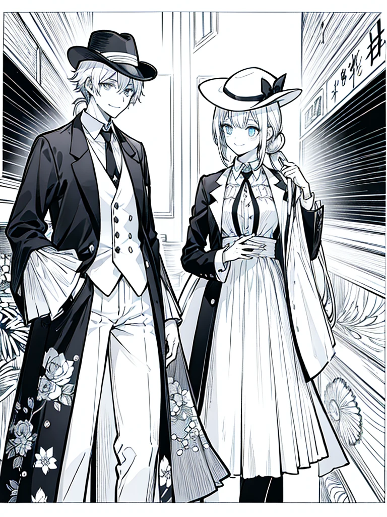 (masutepiece)(high-detail)Men and women in their 20s(white hair、poneyTail、tailcoat、neck tie、Hats、Smile)