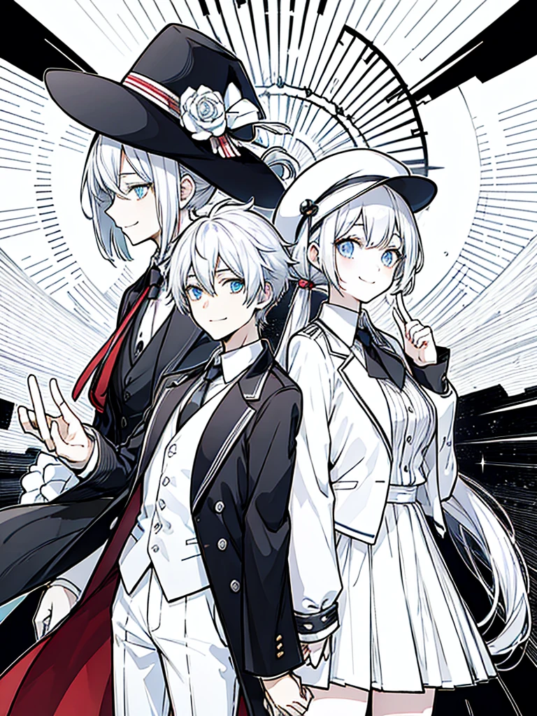 （masutepiece）（high-detail）Men and women in their 20s（white  hair、poneyTail、tailcoat、neck tie、Hats、Smile）