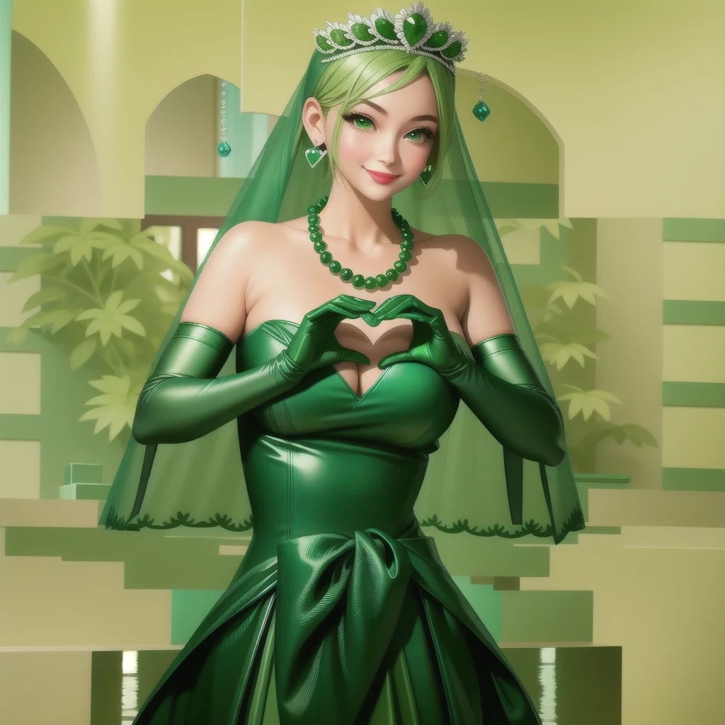 Emerald tiara, Green Pearl Necklace, ボーイッシュな非常に短いGreen Hair, Green Lips, Smiling Japanese woman, Very short hair, Busty beautiful lady, Green Eyes, Green satin long gloves, Green Eyes, Emerald Earrings, Green veil, Heart with both hands, Green Hair, Beautiful Japanese Woman, Heart shaped hands:1.3, green lip gloss