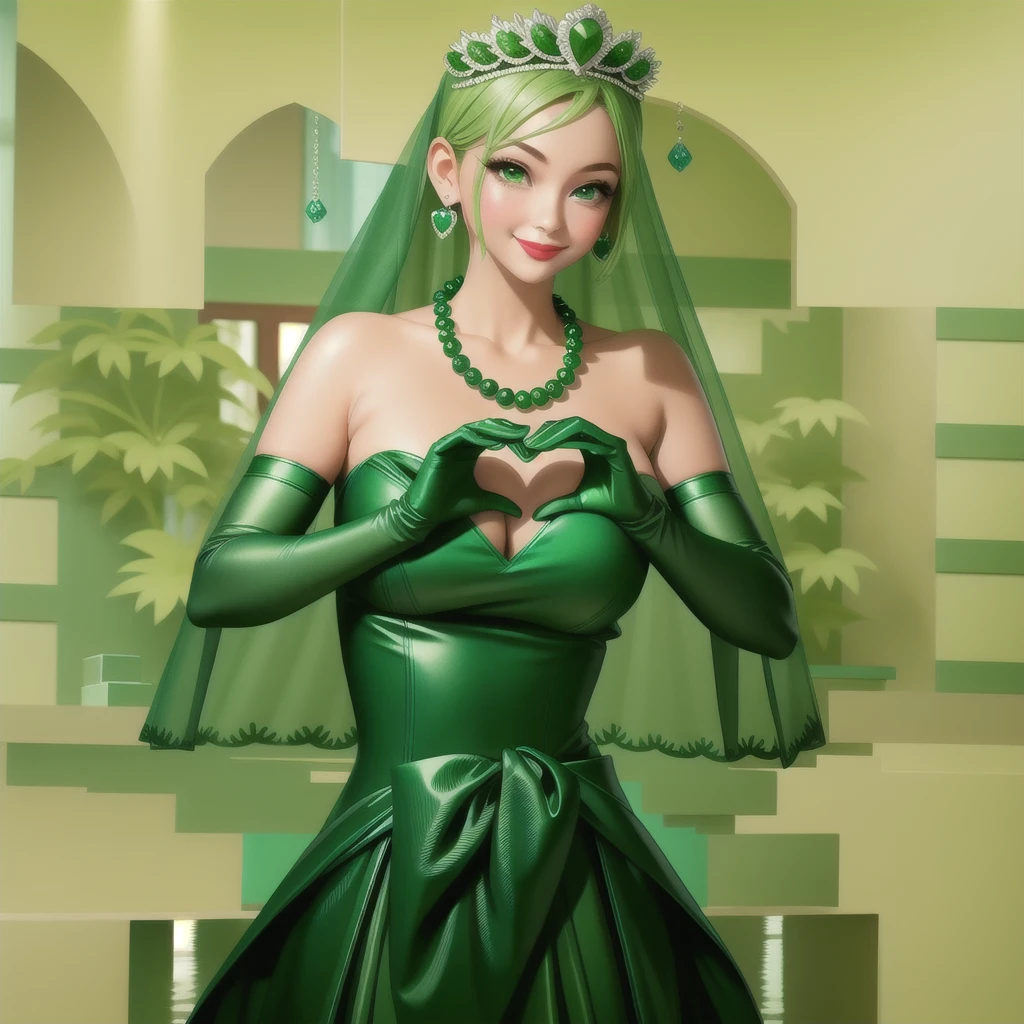 Emerald tiara, Green Pearl Necklace, ボーイッシュな非常に短いGreen Hair, Green Lips, Smiling Japanese woman, Very short hair, Busty beautiful lady, Green Eyes, Green satin long gloves, Green Eyes, Emerald Earrings, Green veil, Heart with both hands, Green Hair, Beautiful Japanese Woman, Heart shaped hands:1.3, green lip gloss