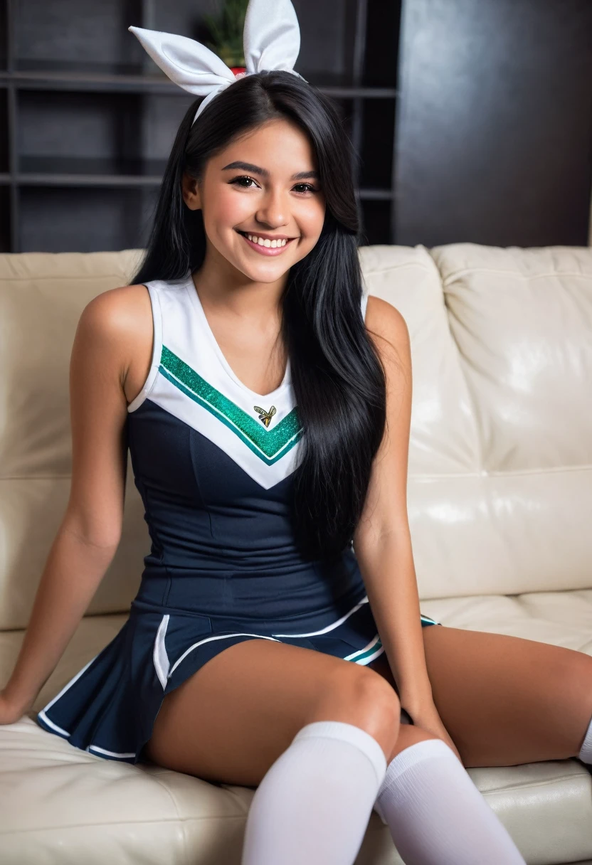 Beautiful, young mexican teen, long black hair, brightly smiling, wearing sexy cheerleader outfit, sitting on couch, in the style of Playboy magazine: 2.0, perfect lighting, (extreme detail), (8k)