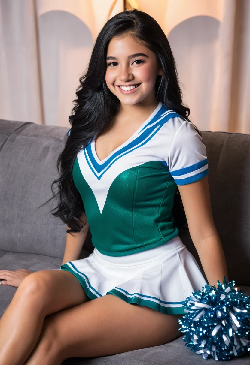 Beautiful, young mexican , long black hair, brightly smiling, wearing sexy cheerleader outfit, sitting on couch, in the style of Playboy magazine: 2.0, perfect lighting, (extreme detail), (8k)