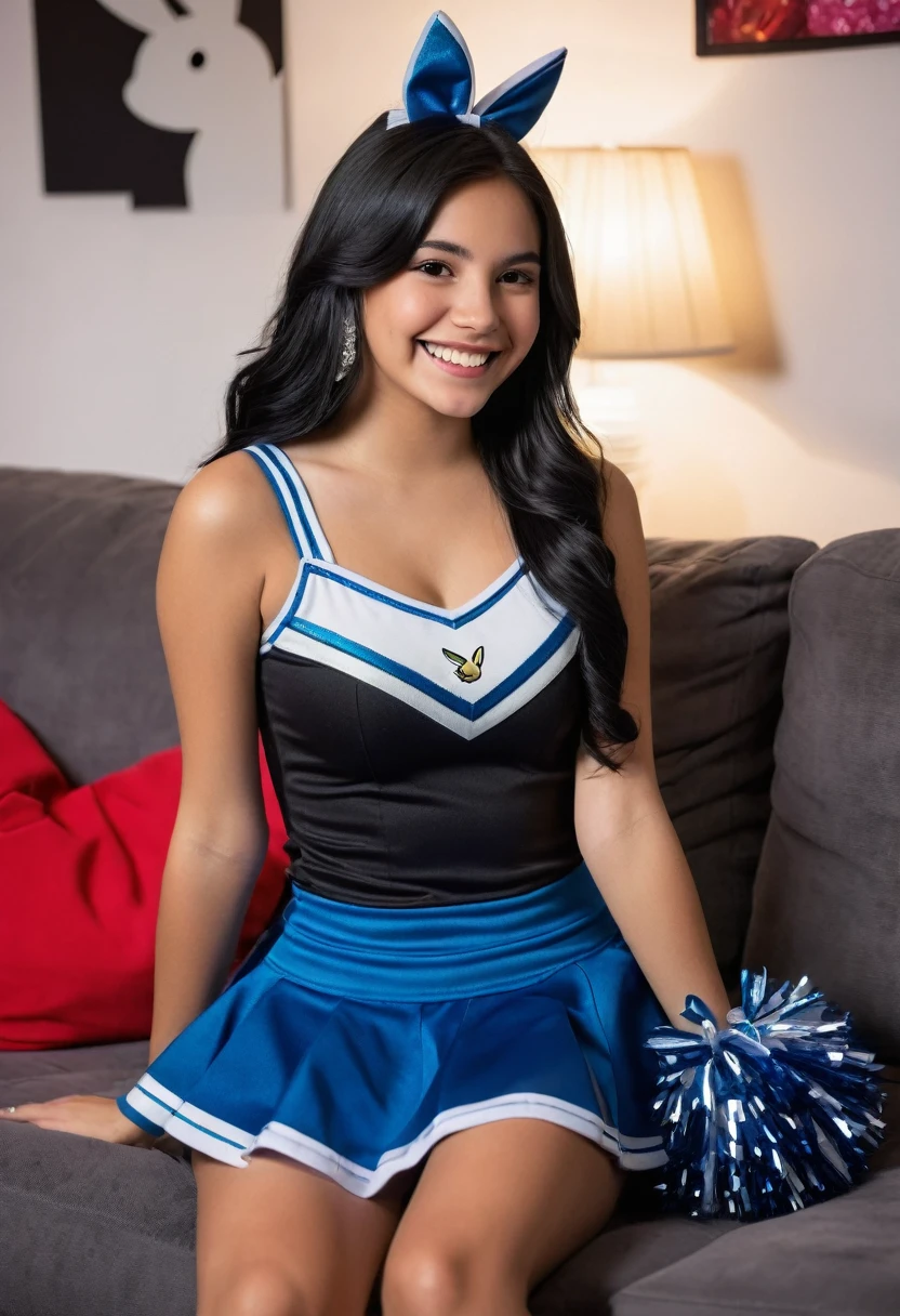 Beautiful, young mexican teen, long black hair, brightly smiling, wearing sexy cheerleader outfit, sitting on couch, in the style of Playboy magazine: 2.0, perfect lighting, (extreme detail), (8k)