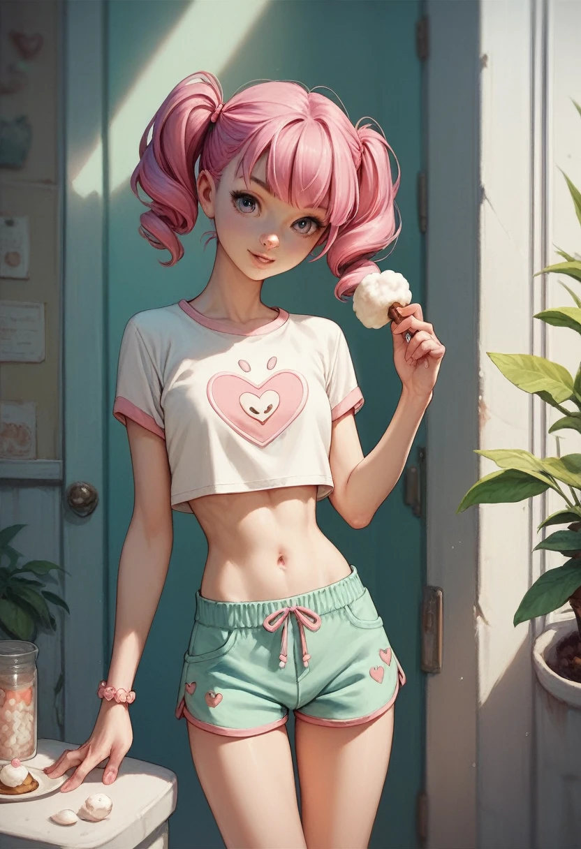 1 pretty woman, short pink hair with pigtails, small waist, skinny, small crop top, cotton short pajama shorts,