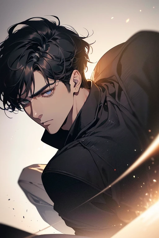 (best quality digital art digital illustration 4k high resolution beautiful image hyper-detailed image perfect lines soft lighting night environment smooth zoom perfect face) (1:1 photorealistic) (neutral colors hdr 1.4) an adult 25 year old man (thoughtful expression) very beautiful eyes deep black medium black hair modern clothes black (dark background)