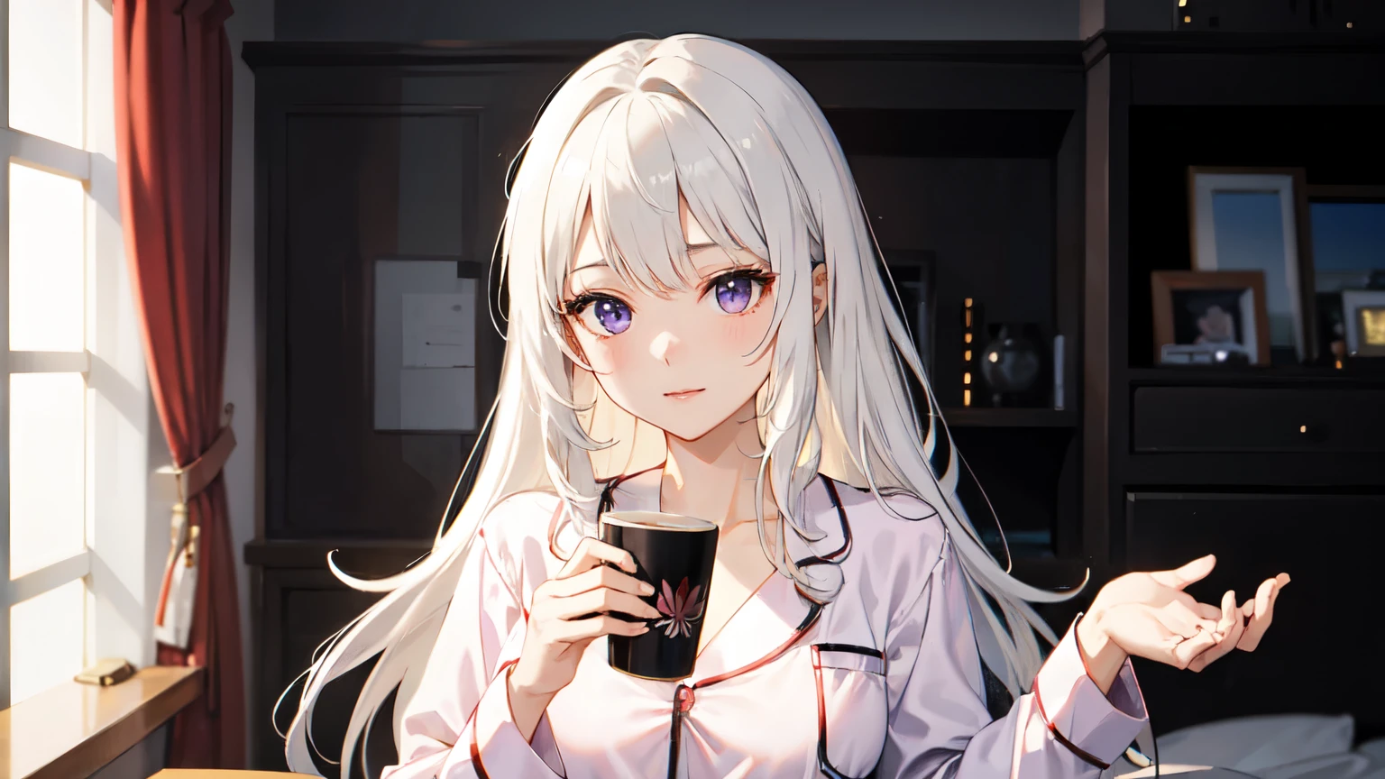 ((best quality)), ((masterpiece)), (detailed), 1girl, sexly,White Hair、A beautiful girl with purple eyes、Just got up in my pajamas and changed my clothes、holding a coffee cup in hand。