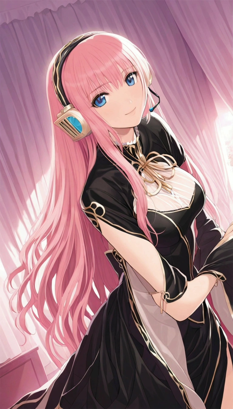 Masterpiece,Detailed and beautiful depiction 1.1,Official Art,Beautiful adult woman ,Megurine Luka in official costume,headphone,Black costume,Pink long hair,blue eyes,smile,Bedroom