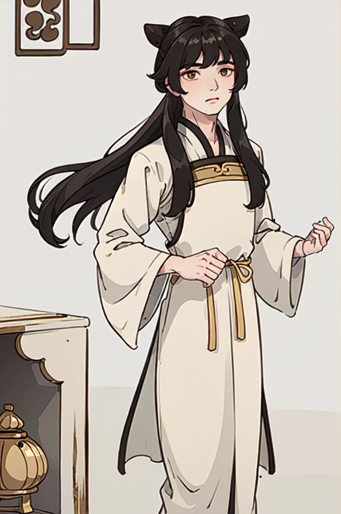 ( Best Quality, ancient china, A boy, long white chinese tunic), long hair , black hair, gold eyes
