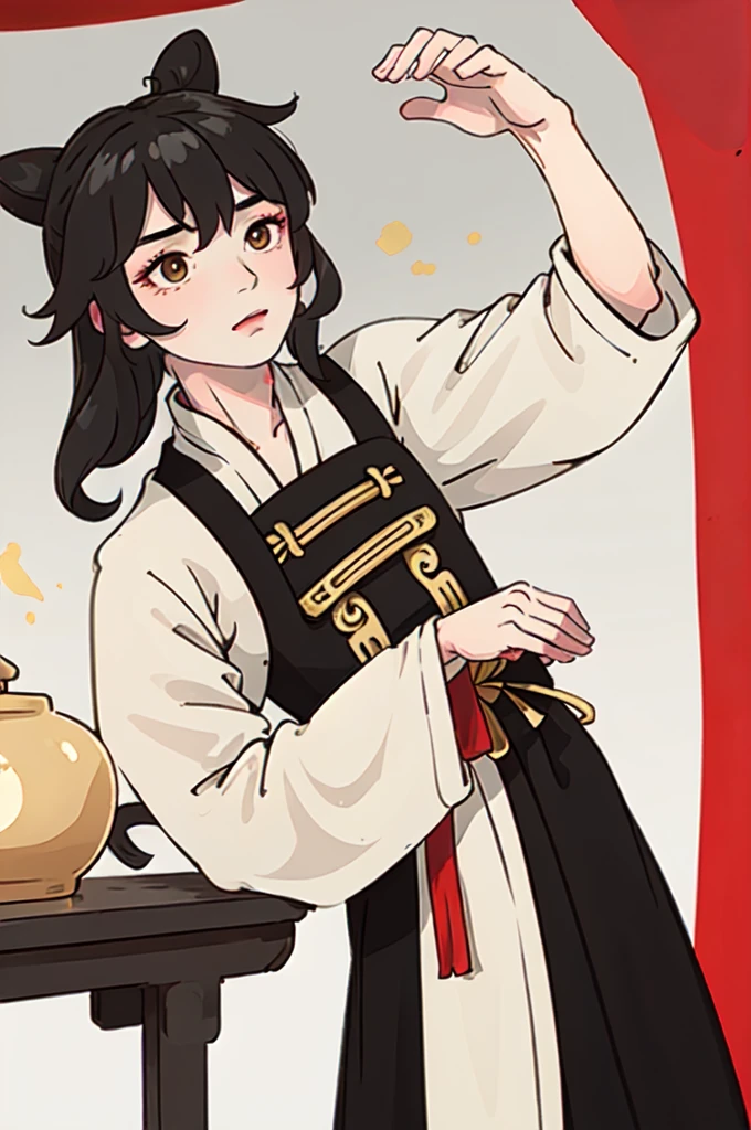 ( Best Quality, ancient china, A boy, long white chinese tunic), long hair , black hair, gold eyes
