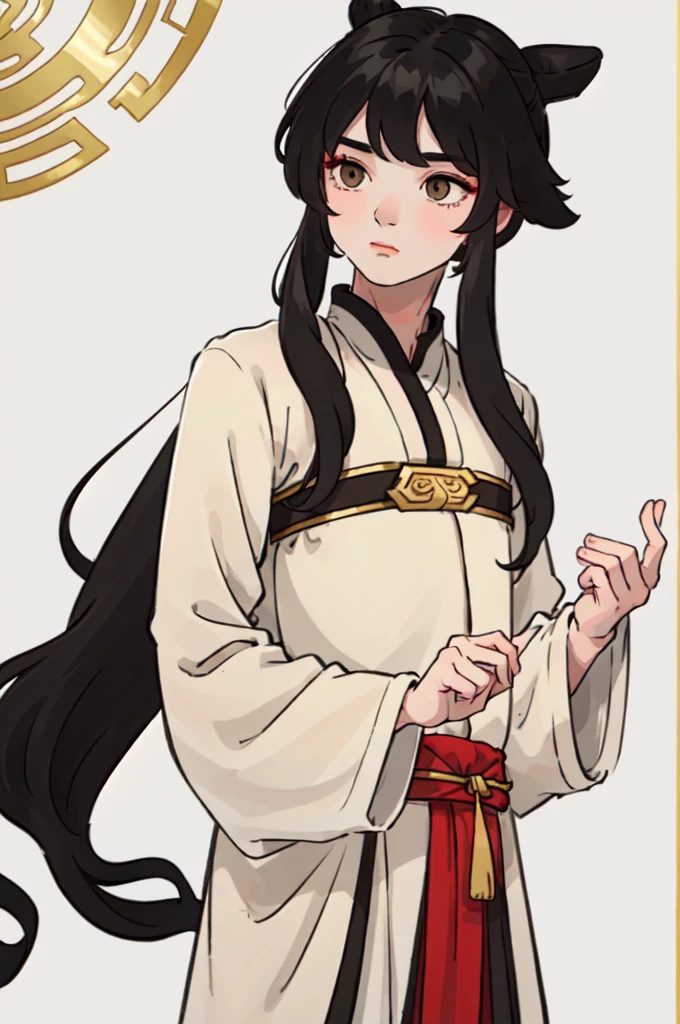 ( Best Quality, ancient china, A boy, long white chinese tunic), long hair , black hair, gold eyes