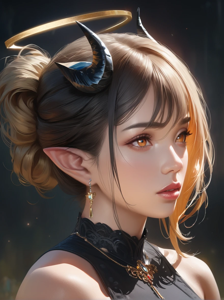 1girl, beautiful detailed eyes, beautiful detailed lips, extremely detailed eyes and face, long eyelashes, long yellow hair, pointy ears, one side hair up, halo, black hair ribbon, horns, (small tail:1.2), (black dress:1.2), bare shoulders, gray gloves, gray stockings, mary janes, (best quality,4k,8k,highres,masterpiece:1.2),ultra-detailed,(realistic,photorealistic,photo-realistic:1.37),detailed portrait, digital art, fantasy, elegant, mystical, glowing, intricate details
