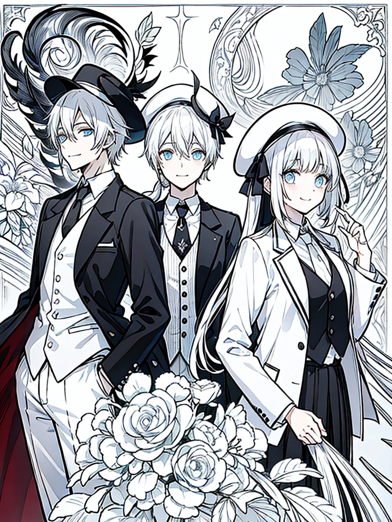 （masutepiece）（high-detail）Men and women in their 20s（white  hair、poneyTail、tailcoat、neck tie、Hats、Smile）