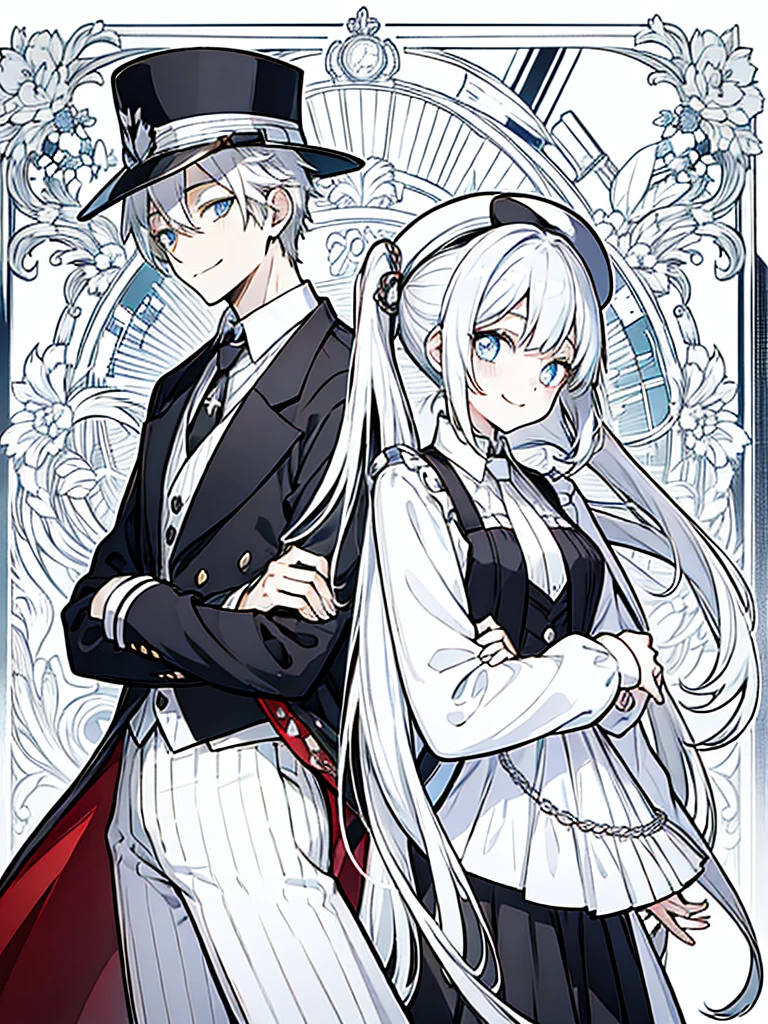 (masutepiece)(high-detail)Men and women in their 20s(white hair、poneyTail、tailcoat、neck tie、Hats、Smile)