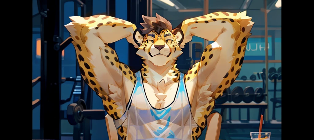 By bigcozyorca, by bebebebebe, by buta99, furry, young, teenager, big, strong and attractive, males, provocative poses, (hair, snout), cheetah, ((muscular, tall)) black tank top, smirking, yellow fur, yellow body, atlethic, stretchinh arms, flexing strong armpits, showing off big armpits, arrogant smile, strong armpits, gym background.