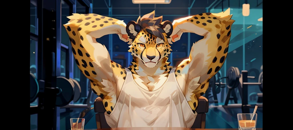 By bigcozyorca, by bebebebebe, by buta99, furry, young, teenager, big, strong and attractive, males, provocative poses, (hair, snout), cheetah, ((muscular, tall)) black tank top, smirking, yellow fur, yellow body, atlethic,  stretchinh arms, flexing strong armpits, showing off big armpits, arrogant smile, strong armpits, gym background.