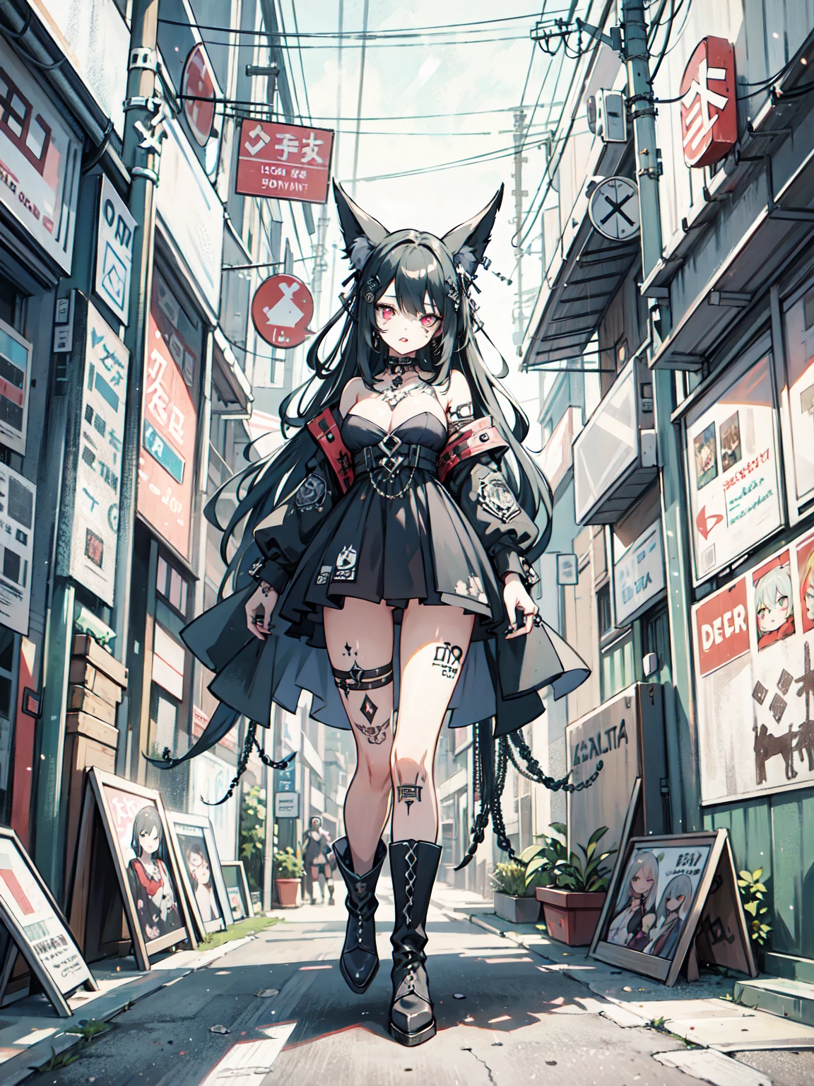 masterpiece, 8k, best quality, extremely detailed, ultra-detailed face, detailed eyes, hires, piercings, Ring, tattoo, goth punk, beautiful attractive girl, Full body, jewellery, boots with attention to detail, Perfectly proportioned, Big breasts, detailed hair, long hair