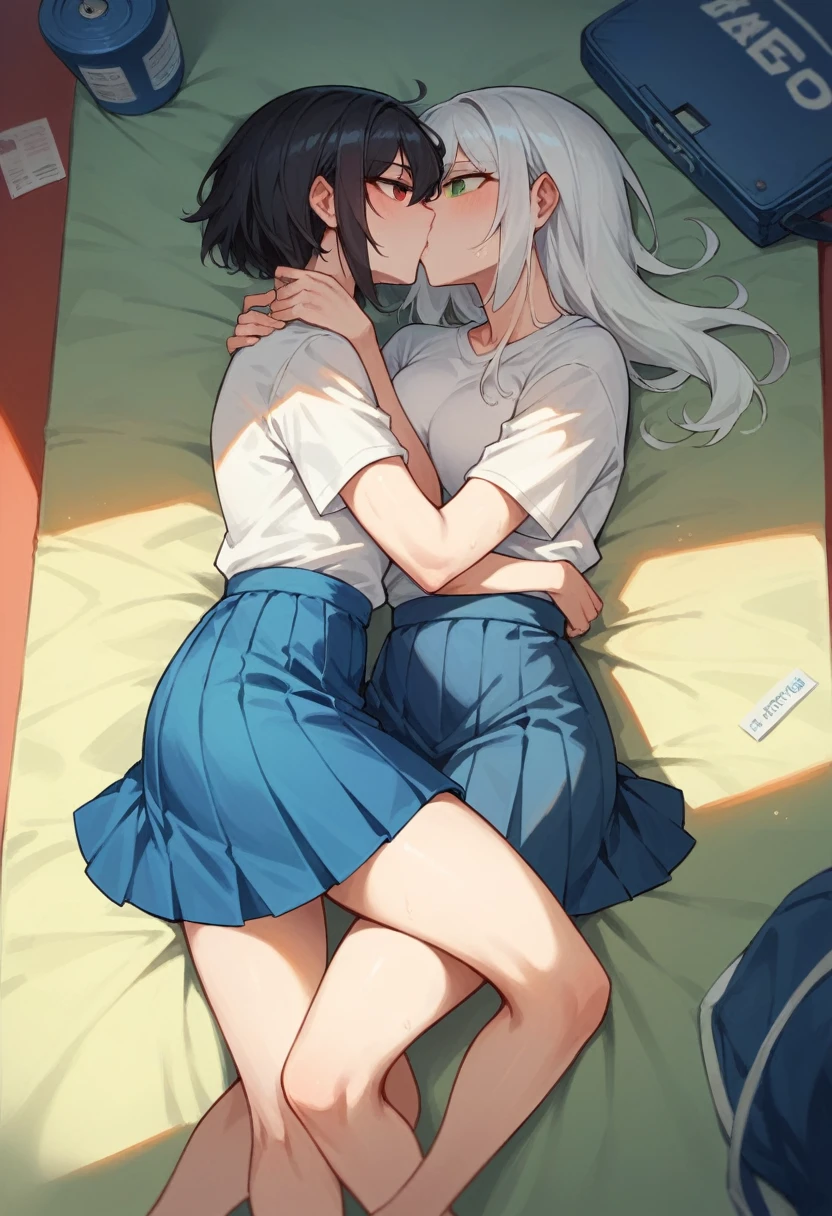 artwork, High quality, Two girls kissing, One with long white hair, Red eyes, the other short black hair raised, green eyes, bodies together, , White shirt, long blue skirt, lying on a blue mat, in the background a shed with sports objects