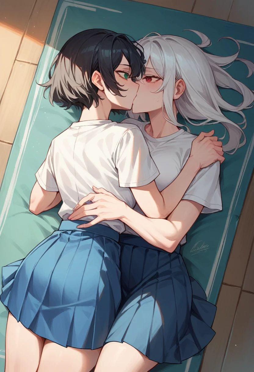 artwork, High quality, Two girls kissing, One with long white hair, Red eyes, the other short black hair raised, green eyes, bodies together, , White shirt, long blue skirt, lying on a blue mat, in the background a shed with sports objects