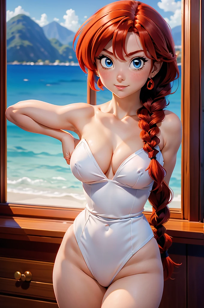 Redhead anime girl nude, 22 years, Perfect body, large round breasts, red hair with braid, beautiful lighting, blue eyes, beautiful legs, hair with a braid, record style, Ranma Chan, Autora Rumiko Takahashi, Based on a work by Rumiko Takahashi, Anime Ranma 1/2