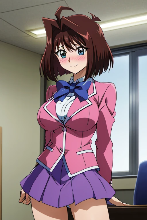 Super masterpiece,Ultra high quality, Ultra-high resolution,Anime Art, Amagasaki, (Antenna Hair:1.2),  Cowboy Shot,,Very large breasts,Beautiful breasts,Embarrassed expression,smile,blush,classroom,Blue bow tie, Pink jacket, blazer, Long sleeve, Blue Skirt, Pleated skirt, Yu-Gi-Oh!,(Showing off her pussy:1.3),(Lift up your skirt:1.3)