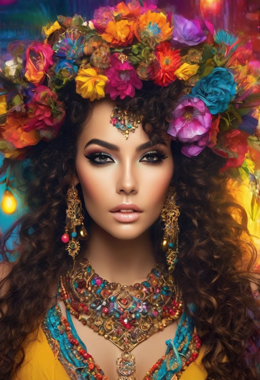 Beautiful stunning woman adorned in ornate, colorful jewelry and clothing that appears to be inspired by"gypsy" style. She has long, dark curly hair with flowers tucked into it. Her makeup emphasizes her eyes, and she's wearing large, dangling earrings and multiple necklaces with colorful beads and pendants. The woman's clothing includes vibrant fabrics with patterns. The overall aesthetic is very bohemian and romantic, evoking a free-spirited, nomadic culture. The lighting in the image is warm, giving it a rich, golden glow that enhances the romantic atmosphere.woman adorned in ornate, colorful jewelry and clothing that appears to be inspired by Romani or "gypsy" style. She has long, dark curly hair with flowers tucked into it. Her makeup emphasizes her eyes, and she's wearing large, dangling earrings and multiple necklaces with colorful beads and pendants. The woman's clothing includes vibrant fabrics with patterns. The overall aesthetic is very bohemian and romantic, evoking a free-spirited, nomadic culture. The lighting in the image is warm, giving it a rich, golden glow that enhances the romantic atmosphere.