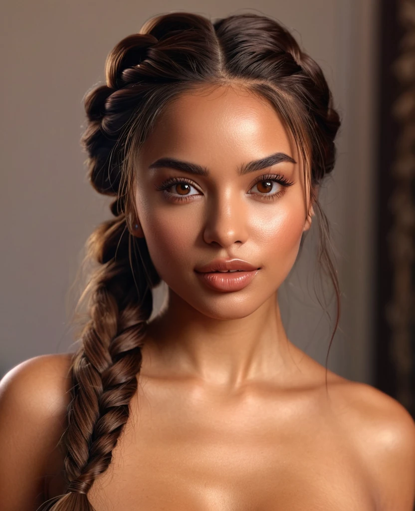 (best quality,4k,highres,masterpiece:1.2),ultra-detailed,(realistic:1.37),(beautiful:1.1) brown-eyed woman with long braid hair and a medium stature,The woman's beautiful face is detailed, with captivating eyes that shine with brown color. Her lips are full and luscious, adding to her sensual appeal. She exudes confidence and elegance as she poses, showcasing her entire body. The lighting in the room highlights her beautiful brown skin, giving it a warm and radiant glow. The overall scene has vivid colors and sharp focus, creating a realistic and photorealistic image.nude, visible , full body
