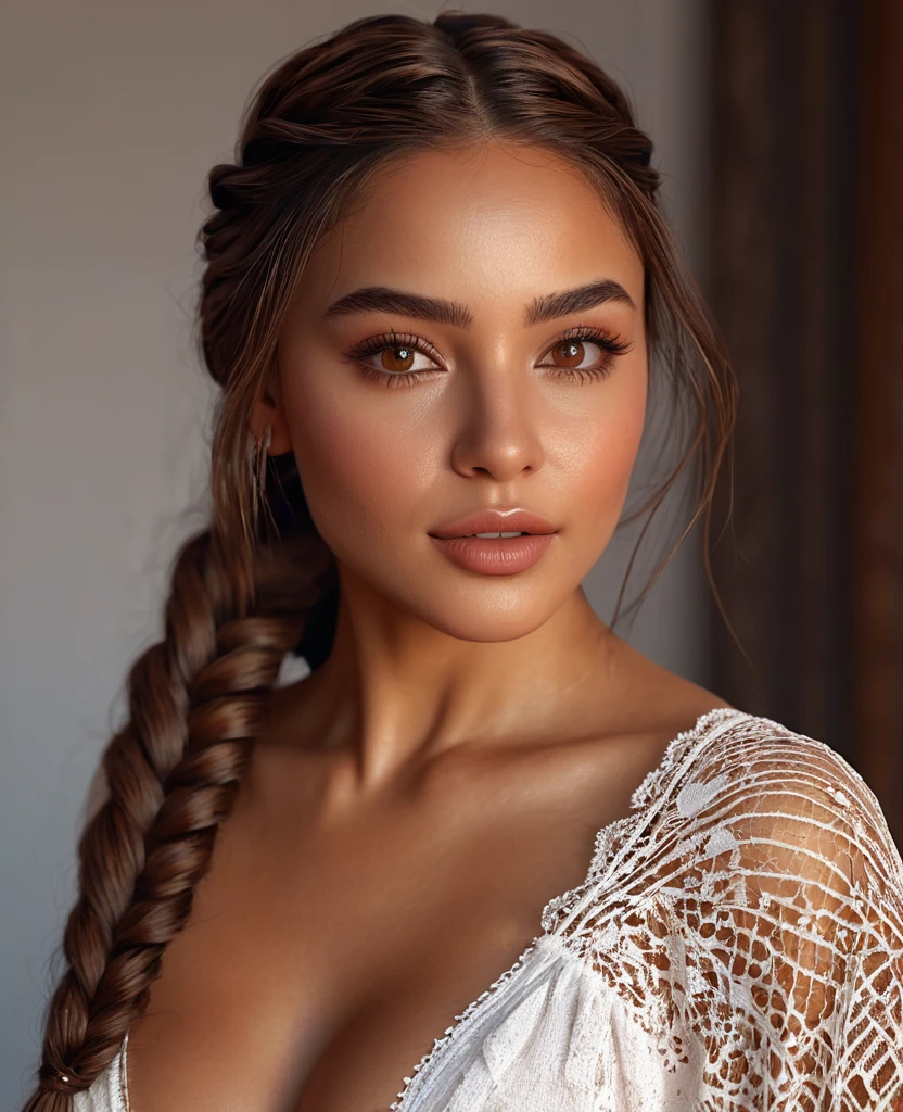 (best quality,4k,highres,masterpiece:1.2),ultra-detailed,(realistic:1.37),(beautiful:1.1) brown-eyed woman with long braid hair and a medium stature,The woman's beautiful face is detailed, with captivating eyes that shine with brown color. Her lips are full and luscious, adding to her sensual appeal. She exudes confidence and elegance as she poses, showcasing her entire body. The lighting in the room highlights her beautiful brown skin, giving it a warm and radiant glow. The overall scene has vivid colors and sharp focus, creating a realistic and photorealistic image.nude, visible , full body