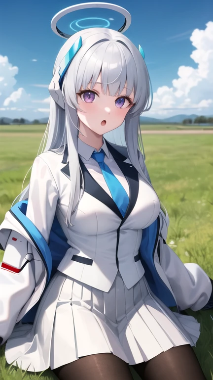 masterpiece, best quality, highres, aanoa, long hair, headgear, mechanical halo, large breasts, blue necktie, white shirt, off shoulder, white jacket, open jacket, long sleeves, white skirt, pleated skirt, black pantyhose, :o, wariza, grass, field,