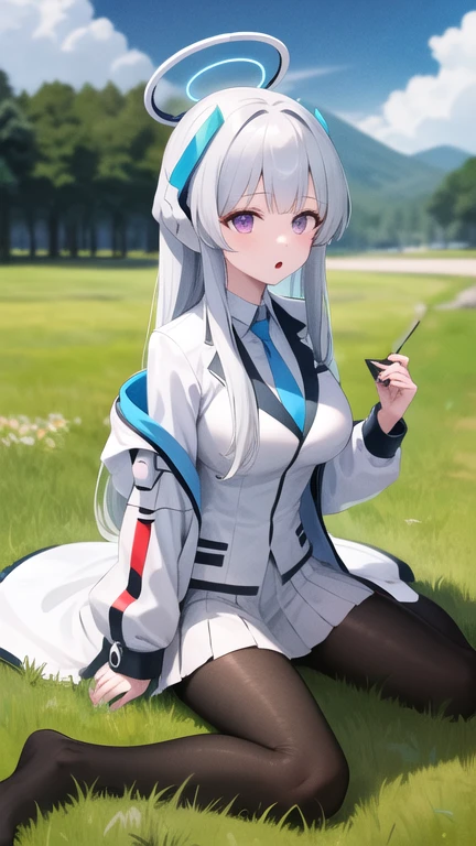 masterpiece, best quality, highres, aanoa, long hair, headgear, mechanical halo, large breasts, blue necktie, white shirt, off shoulder, white jacket, open jacket, long sleeves, white skirt, pleated skirt, black pantyhose, :o, wariza, grass, field,