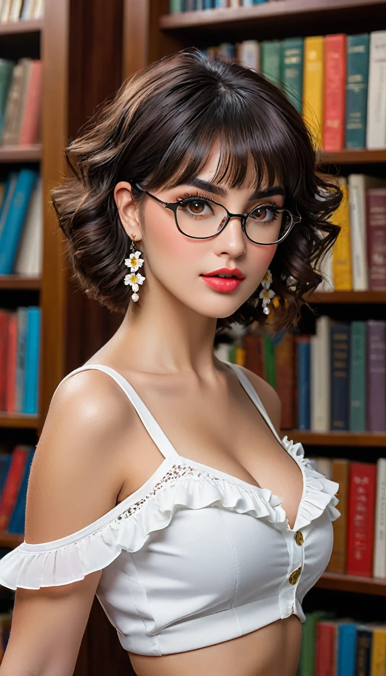 (((beautiful beautiful Isabela Merced, posing for uploadss, looking sexy, ruffled lips, Cabelo curto e curly, extremely pretty eyes))), ((wearing floral silver necklace)), realistic uploadsgraph, highy detailed, Foco do pointed, (Main lighting), (indoor bookstore environment), artwork, extremely pretty, Perfect beauty, (perfect shape body, Broad Hips, small waist, thick-thighs, firm abs, Body cute, knees, knees, focus on the knees, breasts small), cabelo curto com franja, short hair with bangs covering the forehead, cabelo curto com franja ((((short hair with bangs covering the forehead)))), ((30 years old)), (extremely detaild 8k wallpaper), ((face detailed)), (((wearing white shirt, saia curta de tweed, knees, knees, stitched nylons, Strad sandals)), (long dark eyelashes), (((earrings))), ((())), (((seen from behind))), (looking at the camera), ((())), (glamor model), (seductive facial expression) (((standing between high shelves full of books))), extremely detaild, artwork, Intricate details, highy detailed, Foco do pointed, skin detailed, realistic skin texture, texture, detailedeyes, high resolution, kodak vision color, uploads_\(ultra\), Post-processing, maximum detail, roughness, real-life, ultra realistic, uploadsrealism, uploadsgraphy, absurderes, RAW uploads, highest quallity, high detail RAW color uploads, professional uploads, extremely detaild UHD 8k wallpaper unit, best quality, high resolution, (artwork, maximum quality, high resolution:1.4), uploads, cinematic, film grain, pointed, soft natural light, magic uploadsgraphy, super verbose, ((whole body: legs 1.3)), librarian glasses, nerd glasses, ((pleated miniskirt: miniskirt 1.3)), unbuttoned blouse with cleavage, bellybutton, navel, cleavage