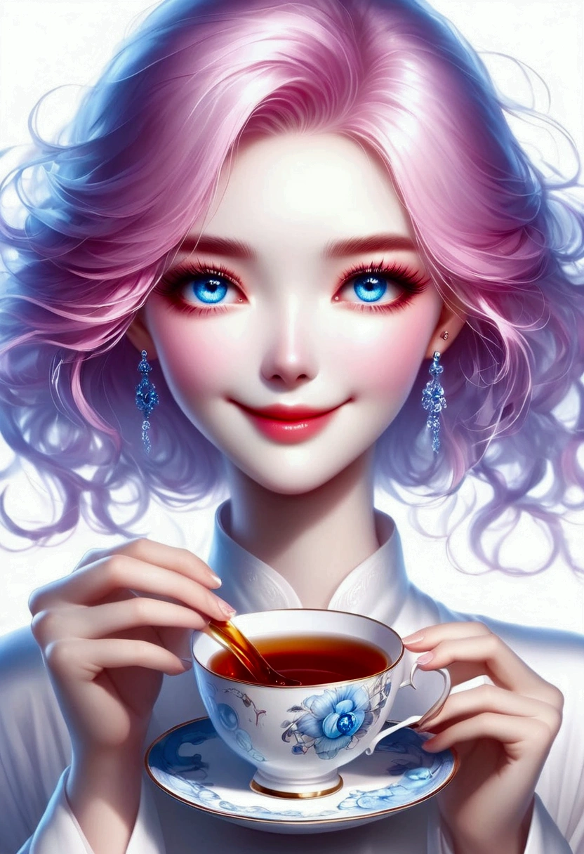 Drinking hot tea from a teacup、smile、Pink haired woman、blue eyes