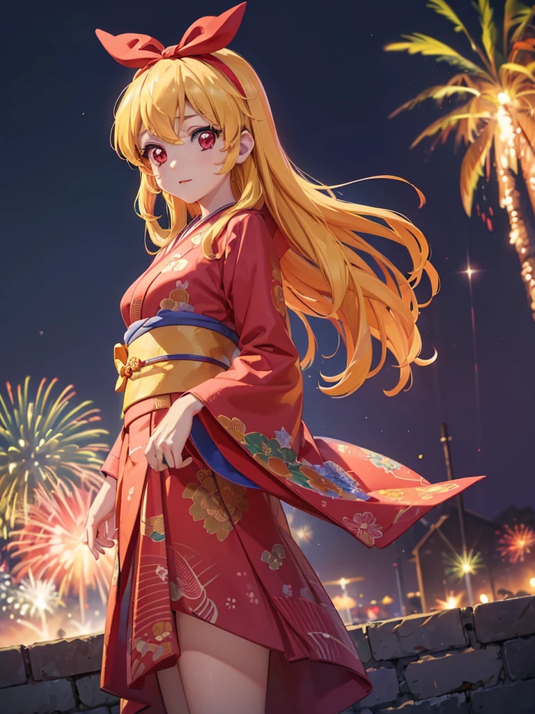 (masterpiece, best quality, highly detailed, ultra detailed, high resolution, absurdres, 4K, 8K:1.2), (official art, incredibly fine illustration, extremely detailed CG, detailed background, cinematic lighting, dynamic angle, perfect hands, detailed shiny skin, detailed hair, detailed eyes)(extremely awesome detailed pretty face,beauty face)(extremely detailed)(Three-dimensional depiction)
BREAK,(RED Ribbon on HAIRband:1.2),aikatsu,hosimiya ichigo,anime girl in kimono standing in front of fireworks, 1girl, fireworks, solo, japanese clothes, Blonde hair, , kimono, RED eyes, looking at viewer