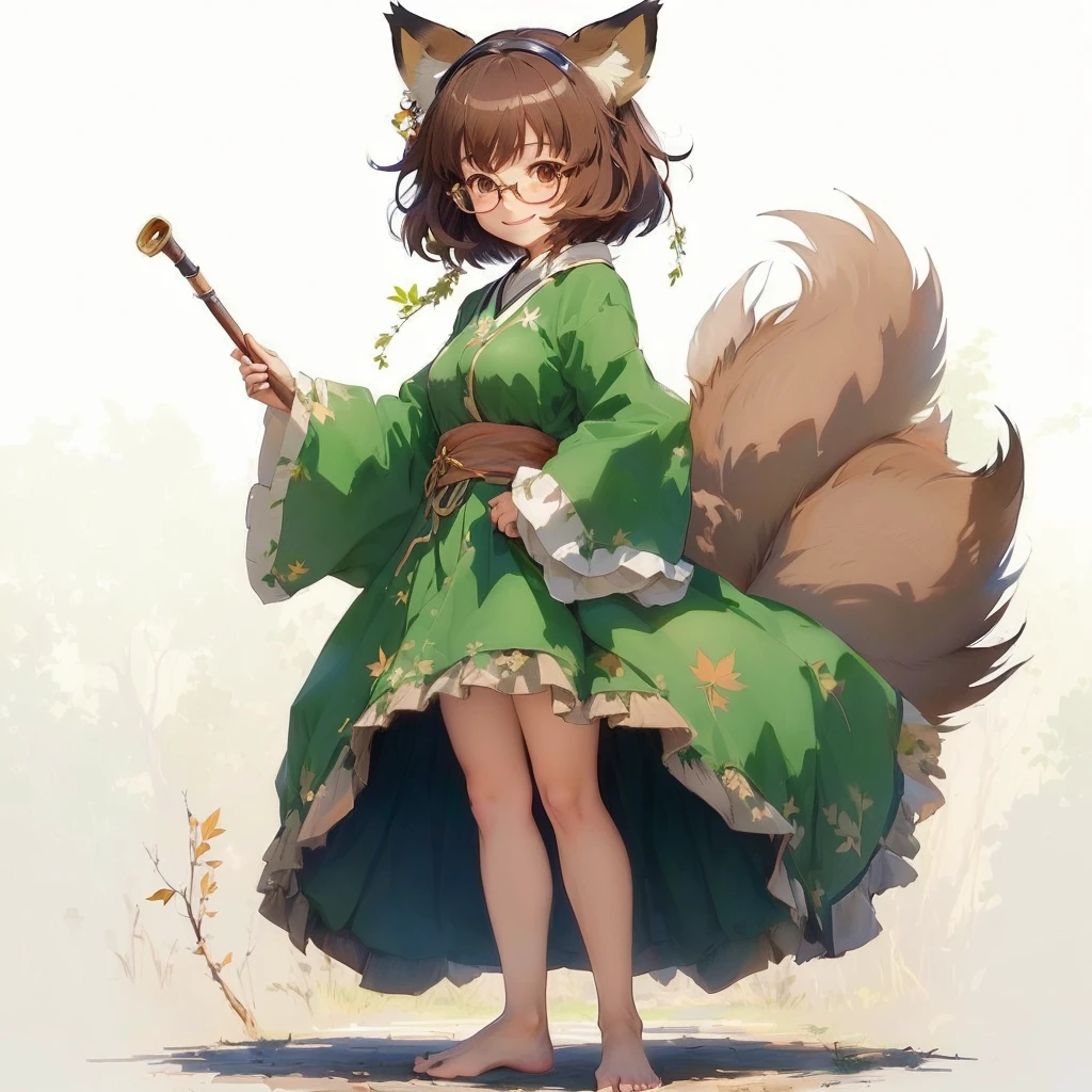 1girl, animal ears, barefoot, branch, breasts, brown eyes, brown hair, feet, futatsuiwa mamizou, glasses, grass, kiseru, leaf, leaf on head, long sleeves, looking at viewer, pince-nez, pipe, plant, raccoon ears, raccoon tail, short hair, sitting, skirt, smile, solo, tail, tree, tree stump, smile,