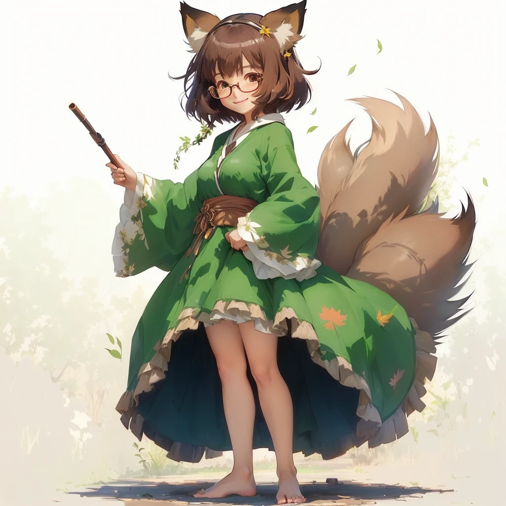 1girl, animal ears, barefoot, branch, breasts, brown eyes, brown hair, feet, futatsuiwa mamizou, glasses, grass, kiseru, leaf, leaf on head, long sleeves, looking at viewer, pince-nez, pipe, plant, raccoon ears, raccoon tail, short hair, sitting, skirt, smile, solo, tail, tree, tree stump, smile,