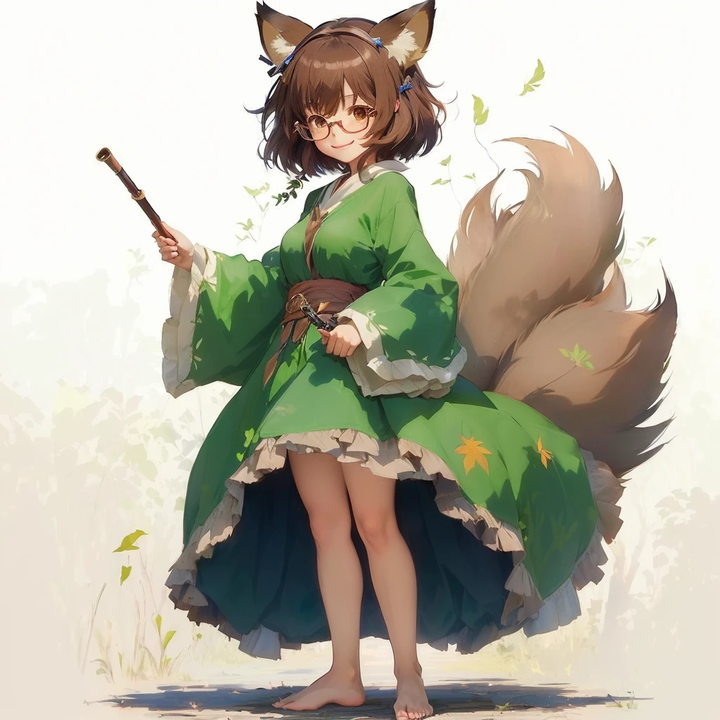 1girl, animal ears, barefoot, branch, breasts, brown eyes, brown hair, feet, futatsuiwa mamizou, glasses, grass, kiseru, leaf, leaf on head, long sleeves, looking at viewer, pince-nez, pipe, plant, raccoon ears, raccoon tail, short hair, sitting, skirt, smile, solo, tail, tree, tree stump, smile,