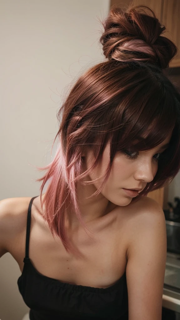 girl, 21 years old, short shoulder-length hair, pink hair color,