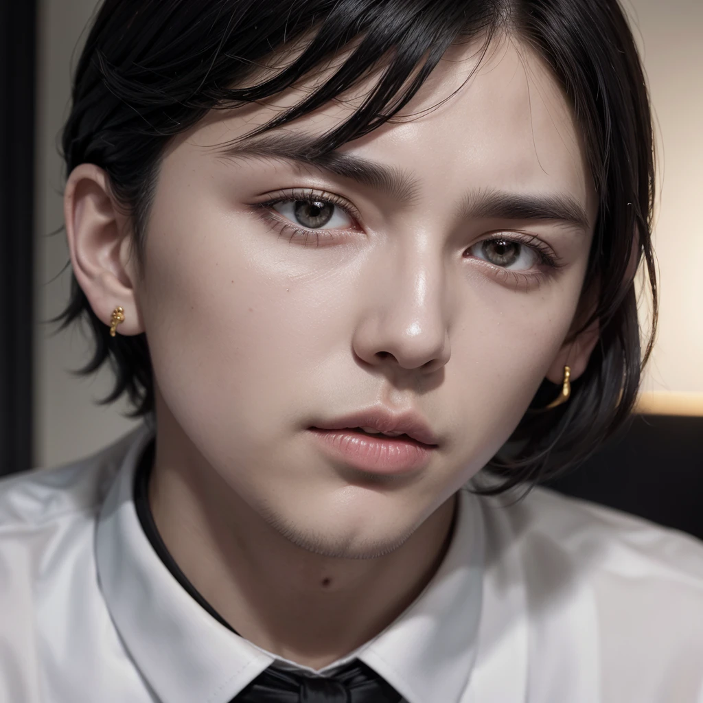 naughty man, offwhite, medium dark hair, with a medium fringe in front of the ear in front, Black Suit, black necktie, white dress shirt, small gold earrings, fine nose, medium mouth, medium pink skin colored lips, gray vest, tthin eyebrows, 