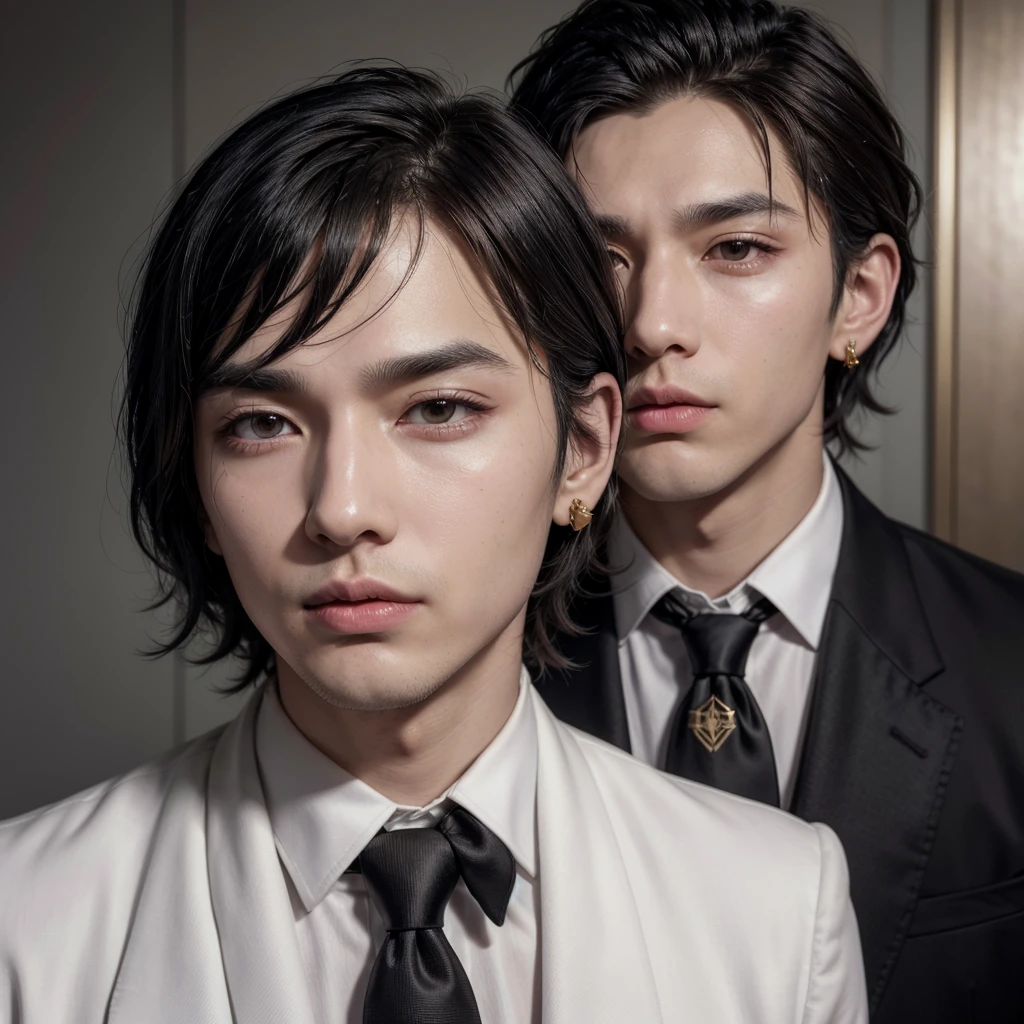 naughty man, offwhite, medium dark hair, with a medium fringe in front of the ear in front, Black Suit, black necktie, white dress shirt, small gold earrings, fine nose, medium mouth, medium pink skin colored lips, gray vest, tthin eyebrows,