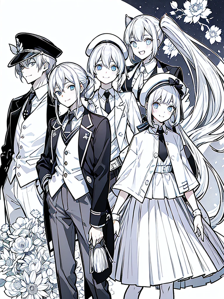 （masutepiece）（high-detail）Men and women in their 20s（white  hair、poneyTail、tailcoat、neck tie、Hats、Smile）