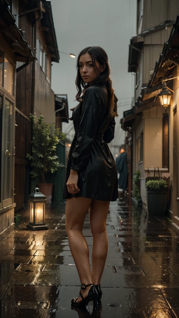 (A woman peering through a window at a family gathered around a warm light, rainy night scene),(window,street lamp,lantern,family,cozy,warm,raining,stone path,alley,cheap dress,observing),(best quality,8k,masterpiece:1.2),photorealistic,fine details,cinematic lighting,vibrant colors,(moody,atmospheric:1.1),(melancholic,nostalgic:1.05),(rainy,drizzle:1.1),urban,street scene　後ろ姿

