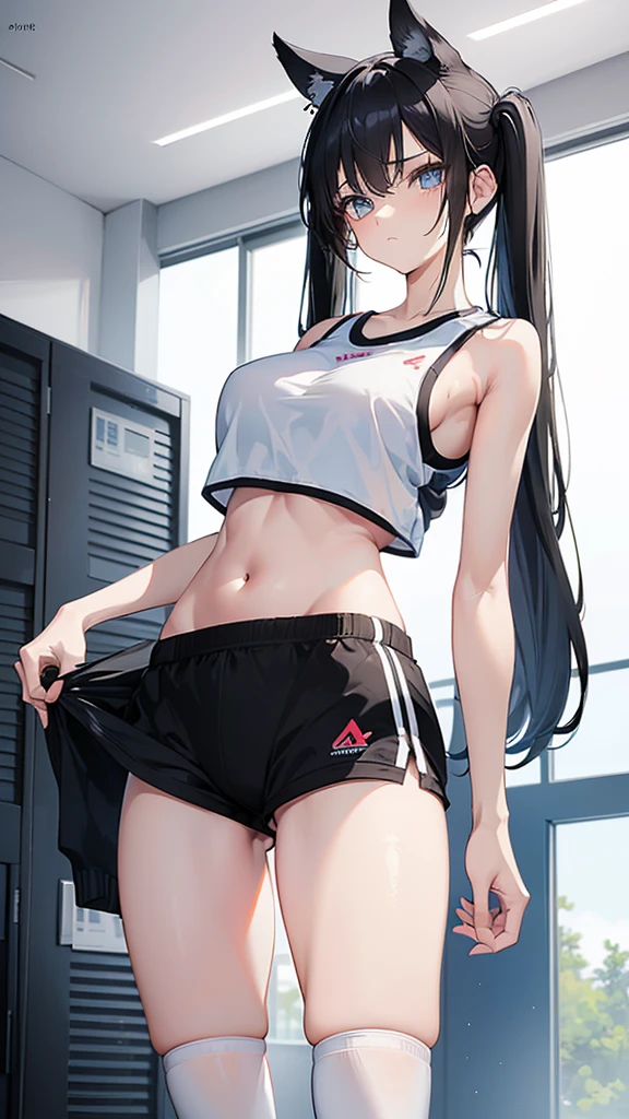 female, skinny, narrow waist, huge breasts, long legs, flat stomach, black twin tails, black hair, blue eyes, white sports bra, midriff, gym shorts, bloomers, (thong:1.2) (white knee socks:1.2), locker room, portrait, cowboy shot, black hair, gym uniform, (bare arms:1.5), thighs, sleeveless, thicc