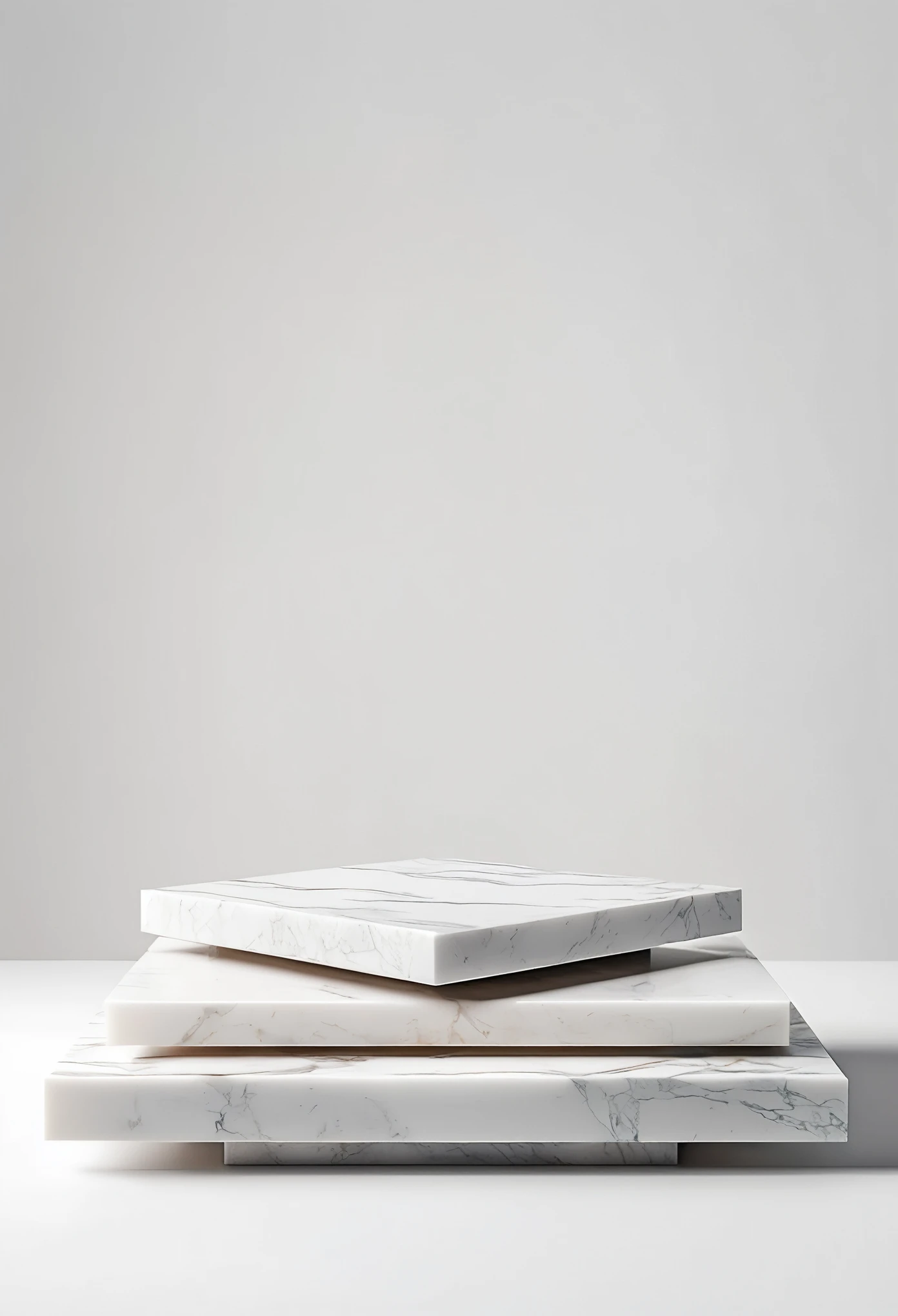 3 white marble podiums, simple background, minimalist style, white color palette, high resolution, hyper realistic, sharp focus, studio photography, stock photo
