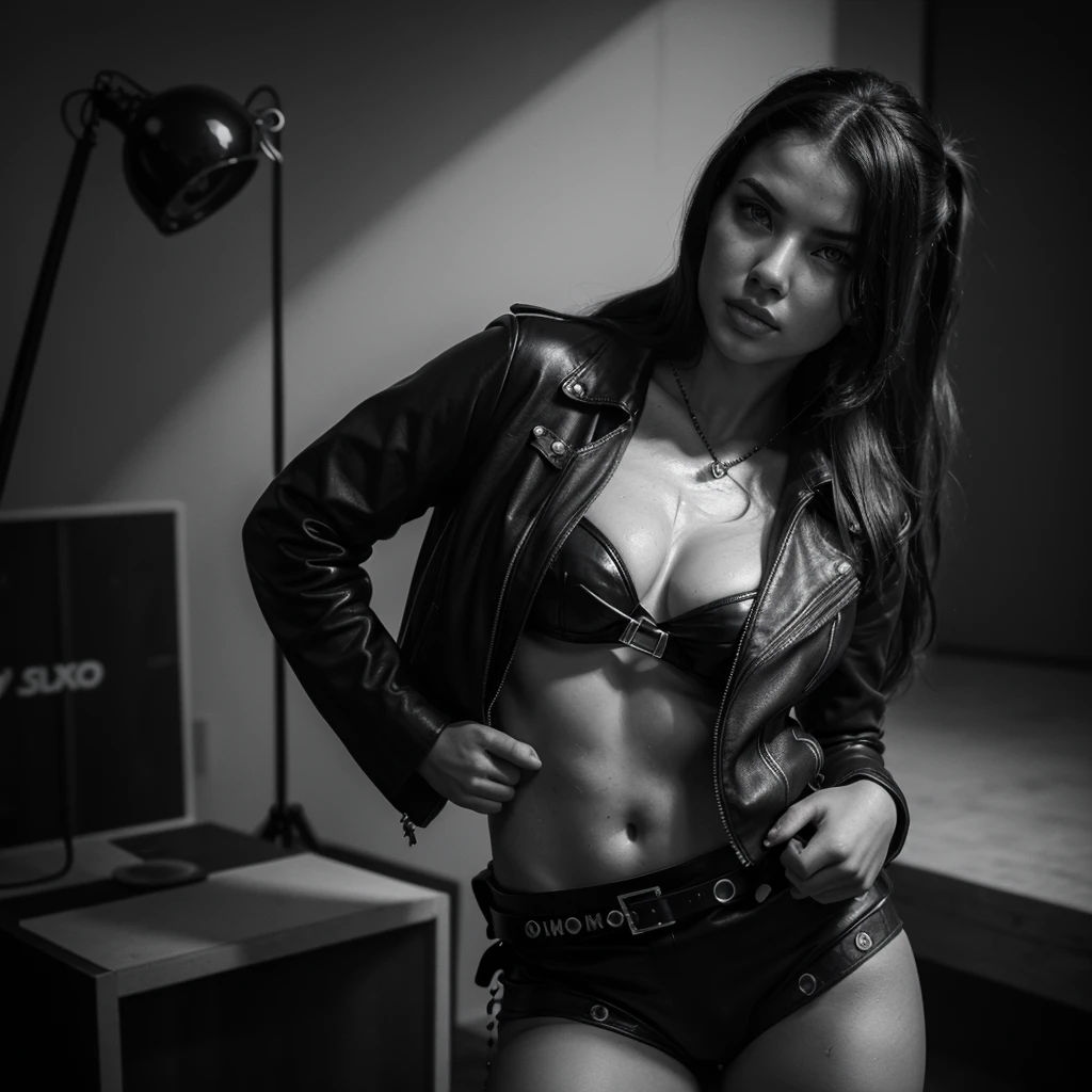 adriana lima, thick brown hair, hot , Ukrainian girl, wavy brown hair, Dasha Taran, pretty beautiful brunette, (solo one girl : 2.0), (masterpiece,best quality:1.2), high detailed,realistic, midshot,1girl, solo, ponytail, navel, black top, leather jacket, miniskirt, jewels, bellissima,by Ellen von Unwerth, monocrome, b&w raw photo,, bathed in dramatic studio lighting, dark theme