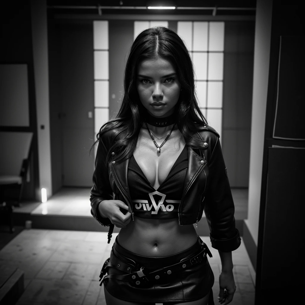 adriana lima, thick brown hair, hot , Ukrainian girl, wavy brown hair, Dasha Taran, pretty beautiful brunette, (solo one girl : 2.0), (masterpiece,best quality:1.2), high detailed,realistic, midshot,1girl, solo, ponytail, navel, black top, leather jacket, miniskirt, jewels, bellissima,by Ellen von Unwerth, monocrome, b&w raw photo,, bathed in dramatic studio lighting, dark theme